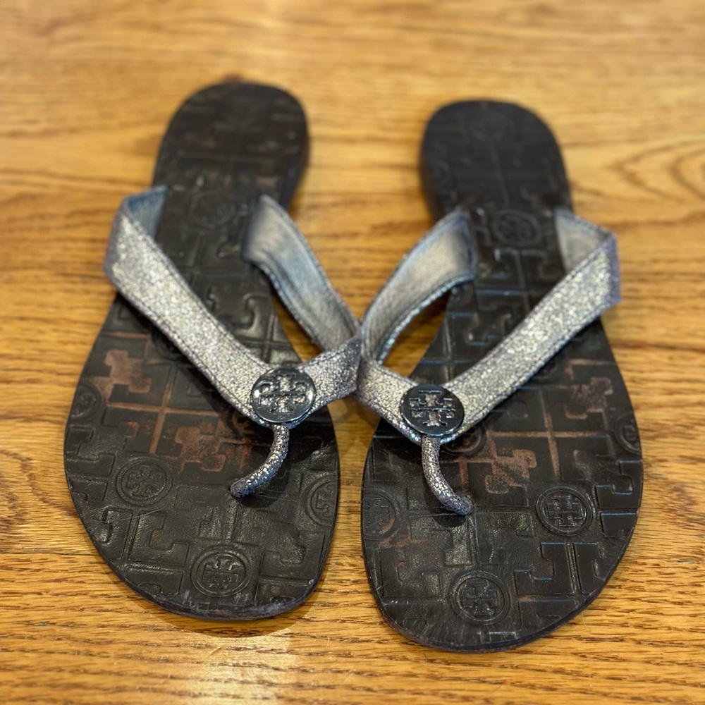 Tory Burch Silver Flip Flops